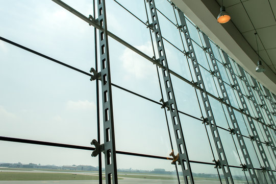 picture window in the lobby of the airport