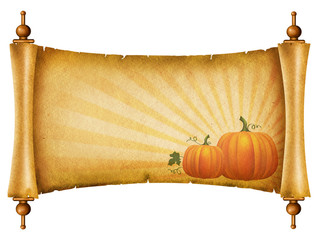 Scroll with pumpkins.Old paper texture for text n white