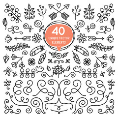 Eight Versatile wreaths. Ornament for decorating. Floral borders, leaves, stems, flowers, arrows.