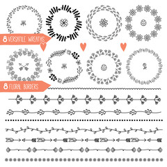 Obraz premium Eight Versatile wreaths. Ornament for decorating. Floral borders, leaves, stems, flowers, arrows.