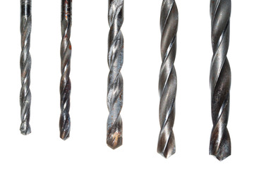 Various drill bits isolated on white background