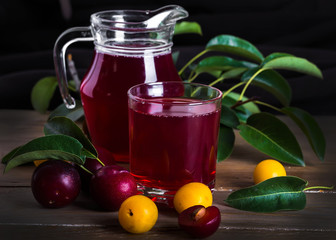 Compote of fresh fruit, background of green leaves
