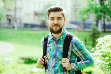 young tourist, looking at camera