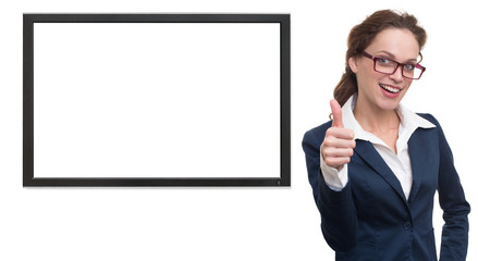 Businesswoman and blank screen with copy space