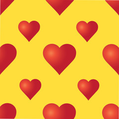 Vector seamless pattern with red hearts on the yellow background. Wedding or Valentine's Day texture. Love template. Romantic backdrop. 