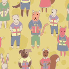 Fototapeta premium Adorable animals with presents. Birthday party seamless vector pattern.