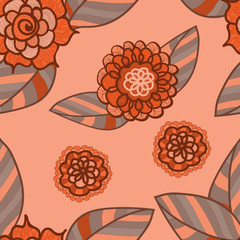 Vector pink seamless pattern with doodle flowers. Pale red floral background.