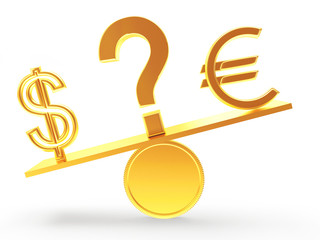 Golden DOLLAR and EURO signs on scales and a question mark in between isolated on white background 