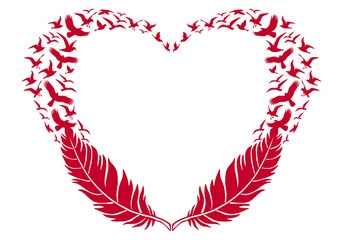 Naklejka premium red heart with feathers and flying birds, vector