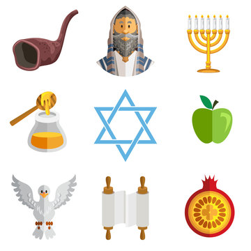 Icons Of Jewish New Year Rosh Hashana , Feast Of Trumpets Shofar , Traditional Holiday