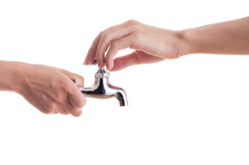 水道の蛇口,人間の手,白背景