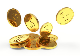 Falling golden coins close-up isolated on a white background