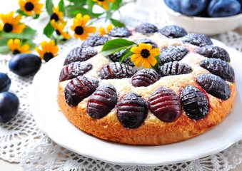 Organic plum cake with powdered sugar on a white background