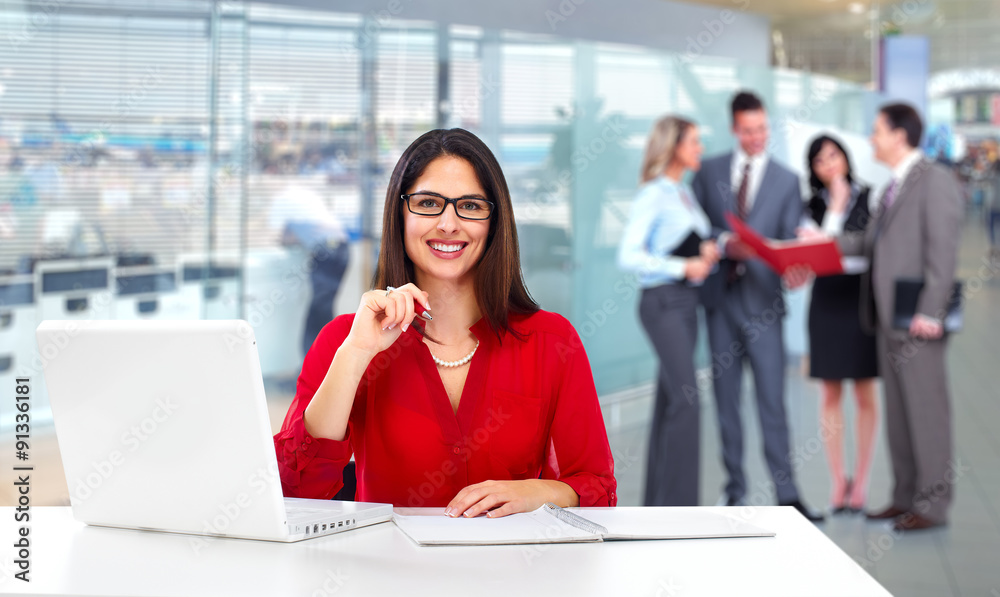 Poster young beautiful business woman with laptop.