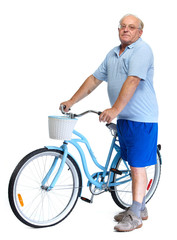 Elderly man with bicycle.