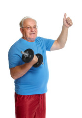 Senior man with dumbbell.