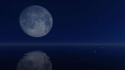 Naklejka na ściany i meble Cloudless night sky with a big full moon above calm water surface