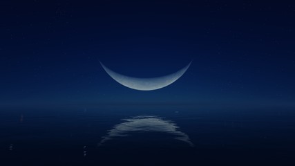 Cloudless night sky with fantastic big crescent above mirror water surface - obrazy, fototapety, plakaty
