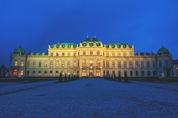 Illuminated Belvedere Palace, Vienna, Austria at night - obrazy, fototapety, plakaty