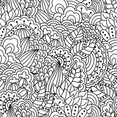 Seamless black and white background. Floral, ethnic, hand drawn elements for design. Good for coloring book for adults or design of wrapping and textile.