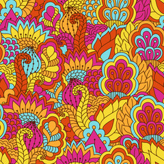 Hand drawn seamless pattern with floral elements. Colorful background. Pattern can be used for fabric, wallpaper or wrapping.
