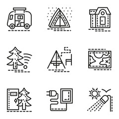 Elementen van camping eenvoudige lijn iconen set
