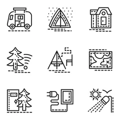 Abwaschbare Fototapete Berge Elemente des Campings einfache Linie Icons Set