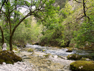 Stream at Equi Terme, spa town, Lunigiana in Italy. With zen style stone pile.