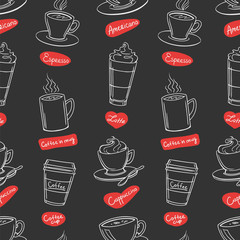 Coffee shop design seamless background. Stylized coffee pattern. Vector.
