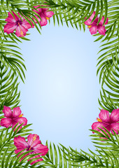 Palm leaves and tropical flower background. Tropical greeting card.
