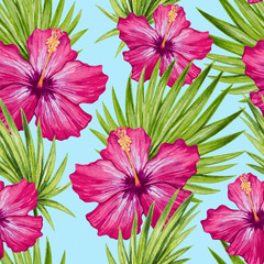 Watercolor hibiscus flower and palm leaves seamless pattern. Vector illustration.