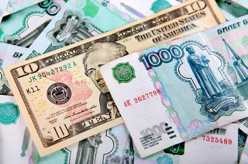 Fototapeta na wymiar Dollars and Rubles