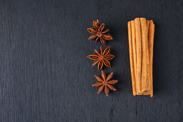 cinnamon and Star anise on grey wooden background