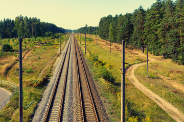 Fototapeta na wymiar Rail line goes through the forest to the horizon
