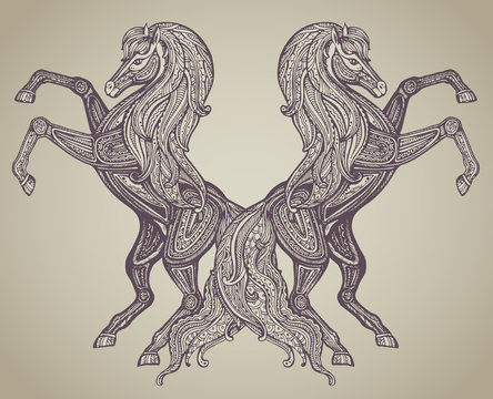 Vector hand drawn couple of horses in graphic ornamental style