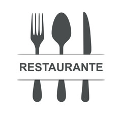Icono plano texto RESTAURANTE gris con sombra