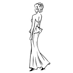 Women in long dress standing back sketch