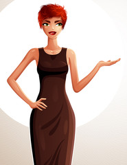 Attractive white-skin standing girl showing at empty copy space