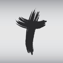 Hand drawn black grunge cross icon, simple Christian cross sign, hand-painted cross symbol created with real ink brush isolated on white background.