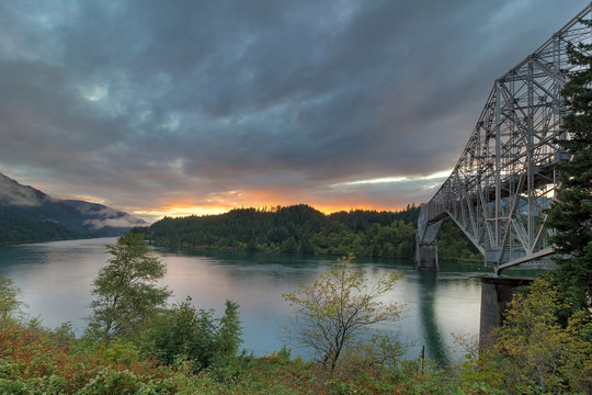 Sunset Over Columbia River Gorge in Oregon with Bridge of the Gods