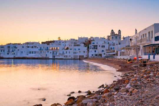 Beach in Naousa village on Paros island, Greece on September 04 2015.