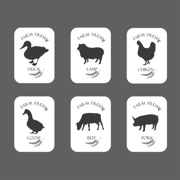 Collection of Meat logos, Labels and Badges. Set farm chicken, goose, duck, lamb, pork, beef.