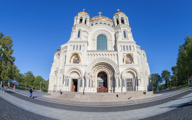 Fototapeta na wymiar Fisheye view on Kronstadt Naval cathedral in Saint-Petersburg, R