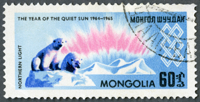 MONGOLIA - 1965: shows Northern lights and polar bears