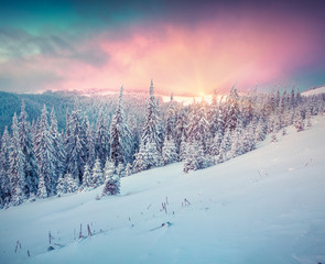 Colorful winter sunrise in the mountains.