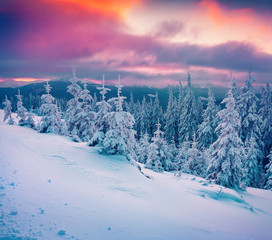 Colorful winter sunrise in the mountains.