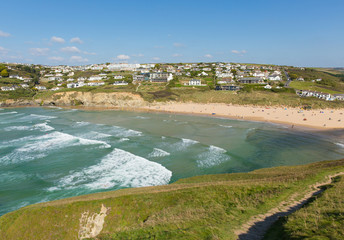 Mawgan Porth Cornwall with surf and waves in summer UK