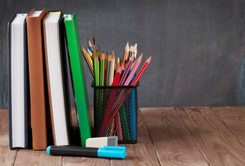 School and office supplies on table