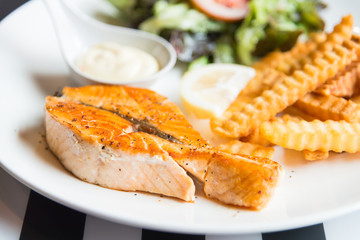 Grilled salmon steak - selective focus point