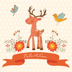Hello autumn concept card with cute deer